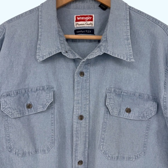 Wrangler Mens Premium Comfort Flex Long Sleeve Button Down Shirt Blue 2XT HLB2K - Picture 1 of 9